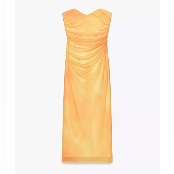 Zara NWT yellow orange tie dye printed tulle midi draped ruched sweetheart dress - Picture 3 of 16